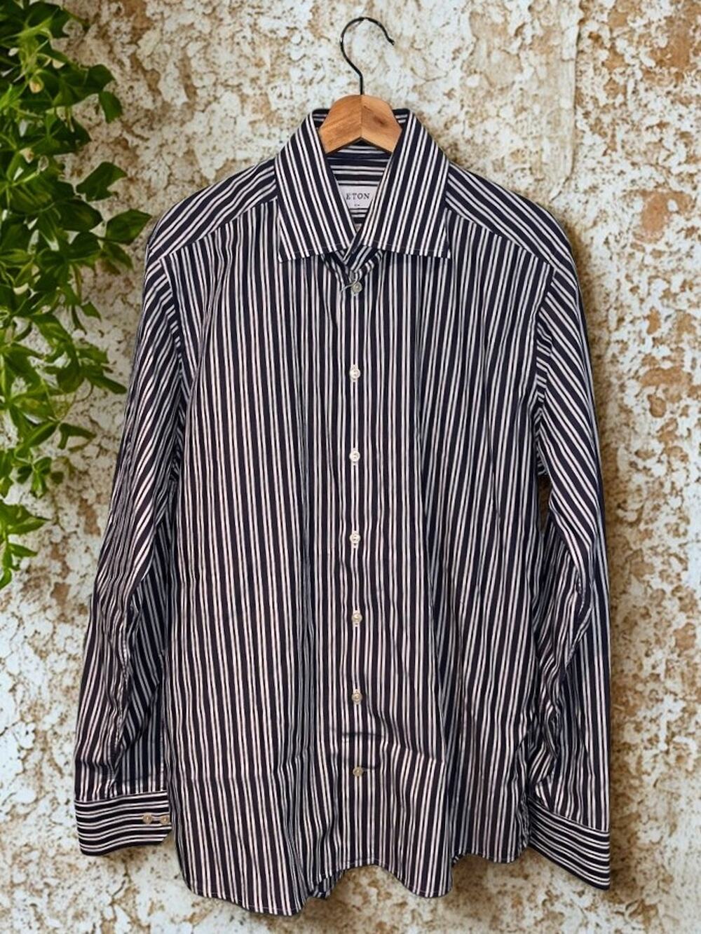 ETON Slim Fit Dress Shirt 17 43 Blue White Stripe Spread Collar Luxury Cotton